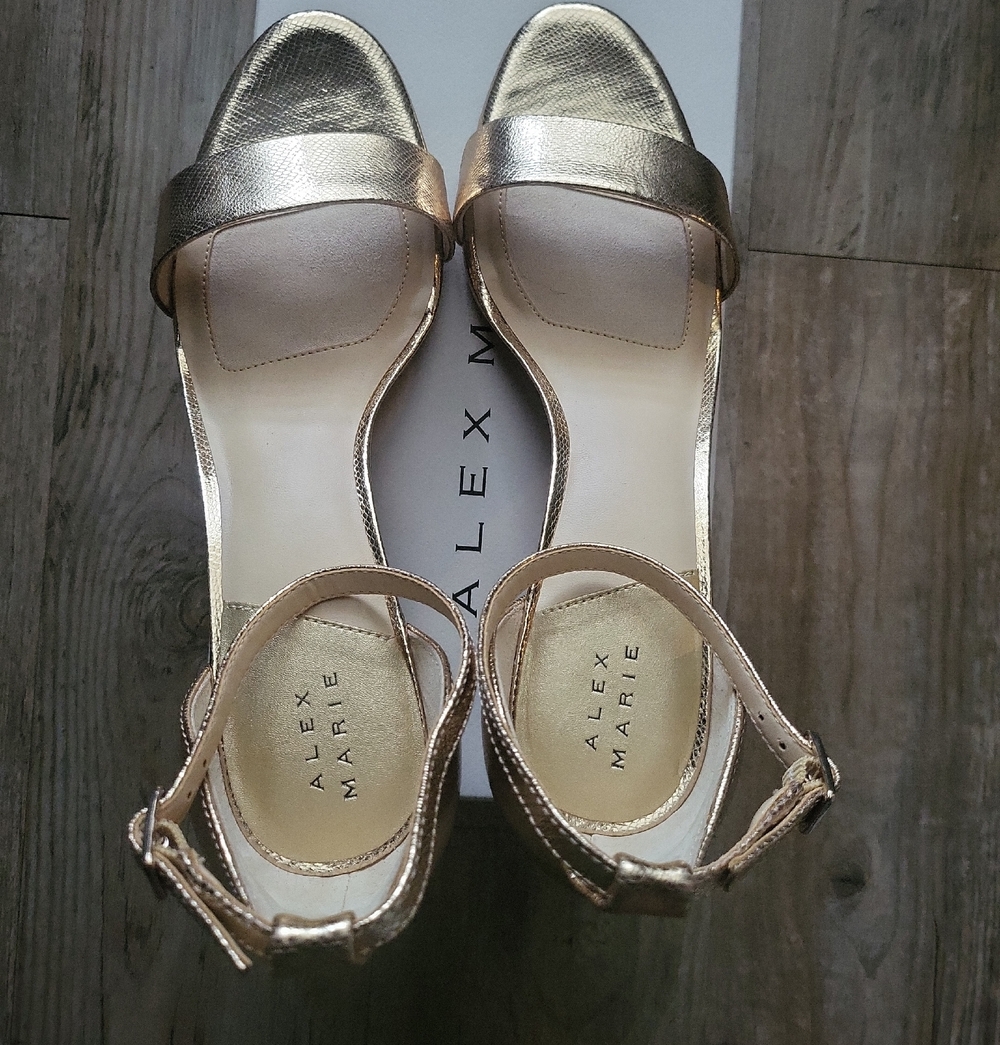 Alex Marie Metallic Gold Open-Toe Ankle Strap Kitten Heels